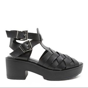 Qupid Selfie-13 Black PU Leatherette Double Ankle Strap Block Heel Woven Sandal